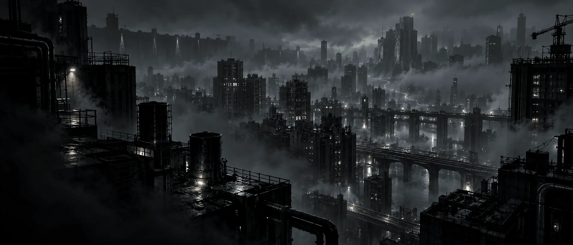霧氣與高樓包圍的深色城市夜景